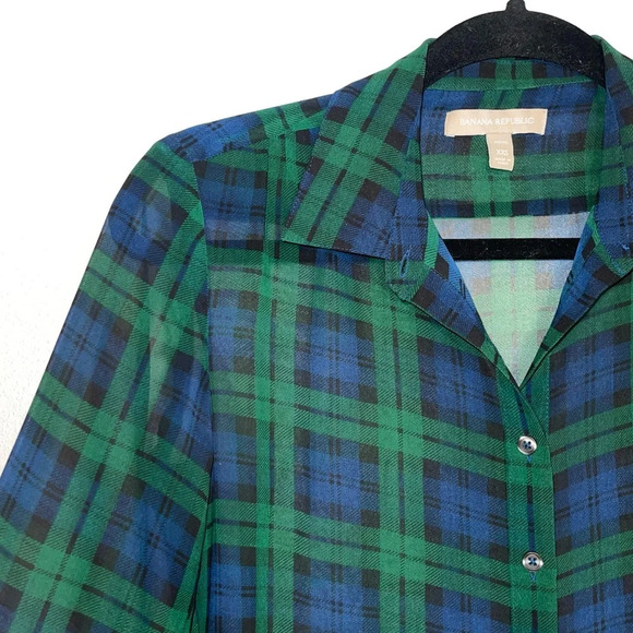 Banana Republic Watch Plaid Blouse Dark Green Button Up Xxsmall Petite Women’s - Picture 3 of 10